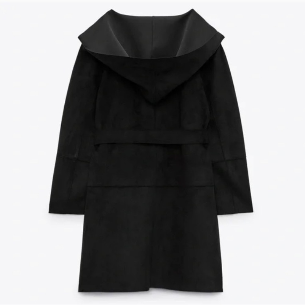 Zara Black Faux Suede Hooded Coat